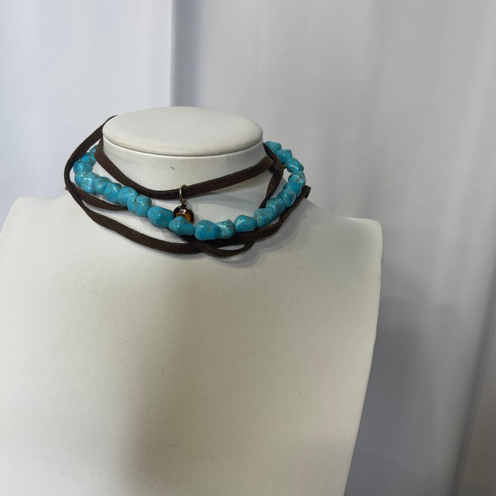 Julia choker necklace brown suede and turquoise blue colored stones jewelry